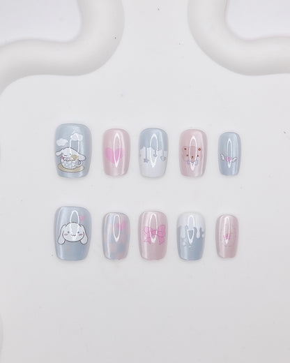 Short Coffin Cateye Blue & Pink Cinnamoroll Press On Nails