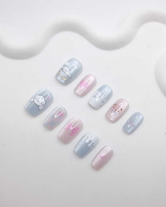 Short Coffin Cateye Blue & Pink Cinnamoroll Press On Nails