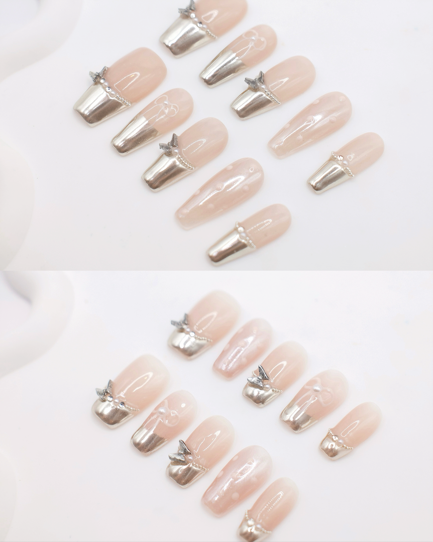 Long / Mid-Long Coffin Pink Bow Tie & Butterfly French Manicure Press On Nails