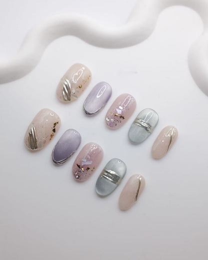 Mid-Long Colorful Oval Cateye With Embossed Gold Press On Nails