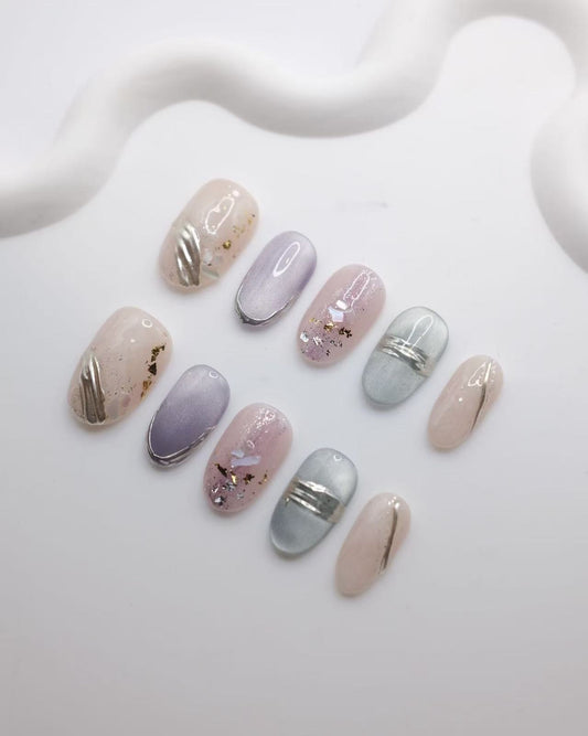 Mid-Long Colorful Oval Cateye With Embossed Gold Press On Nails